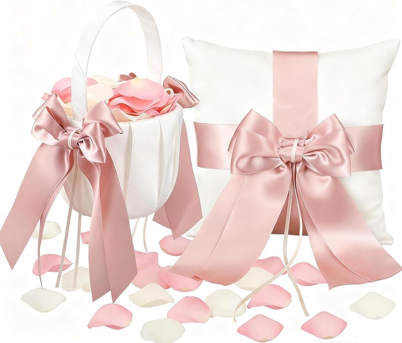 Ferrochef 2 Pcs Flower Girl Baskets and Ring Bearer Pillow Set Pink Satin Bowknot Flower Baskets White Ring Bearer Pillow Ivory Satin Wedding Fairy Decor for Wedding Party Ceremony - Image 1